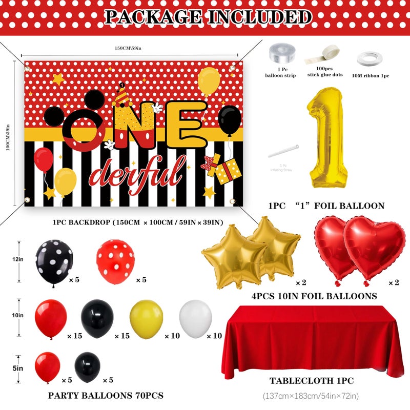 jenmir 1st Birthday Decorations for Boys - Red Black Yellow Balloon Arch Garland Kit with 5x3ft ONE-derful Backdrop - Number 1 Foil Balloon, Red Tablecloth, Star Heart Balloons for Cartoon Theme First Bday - Image 2