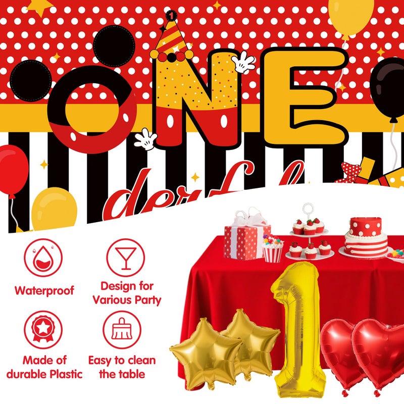 jenmir 1st Birthday Decorations for Boys - Red Black Yellow Balloon Arch Garland Kit with 5x3ft ONE-derful Backdrop - Number 1 Foil Balloon, Red Tablecloth, Star Heart Balloons for Cartoon Theme First Bday - Image 5