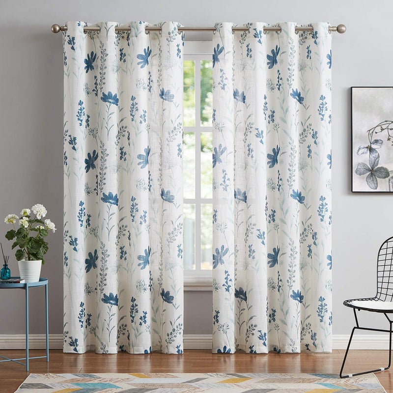 July Joy Printed Sheer Curtains Linen Textured for Living Room Floral Leaf Design Farmhouse Style Window Panel Drapes Set Grommet Treatment for Bedroom Dining 52 x 84 inch Navy Blue