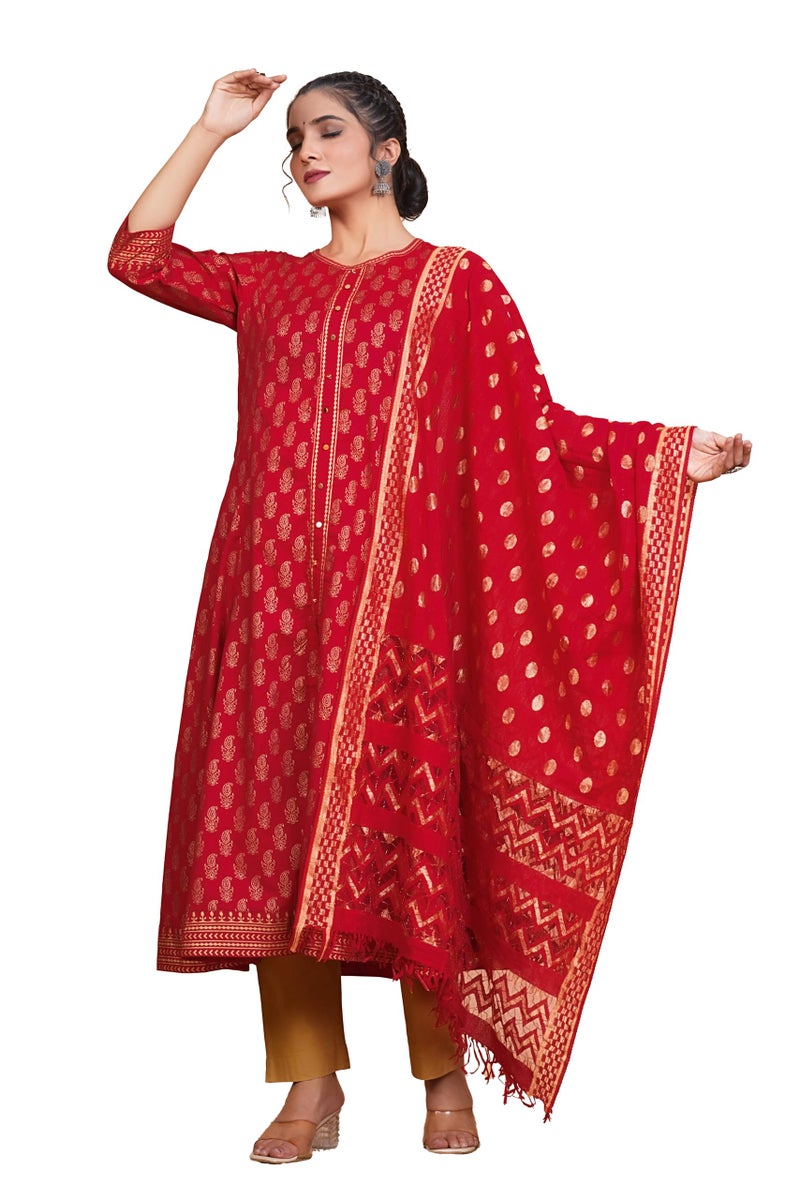 Yash Gallery Women Cotton Calf Length 3/4th Sleeve Round Neck Floral Printed Anarkali Kurta Set with Dupatta, Red, 7XL - Image 1