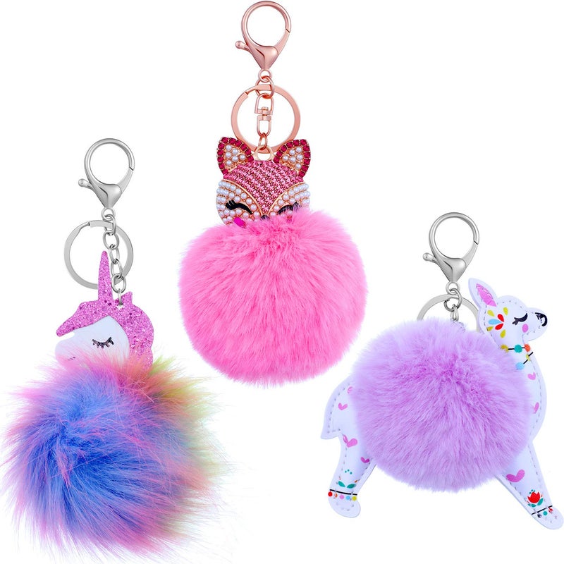 WILLBOND WILLBOND 3 Pieces Cute Animal Unicorn Pom Pom Keychain Faux Fluffy Key Ring for Women Girls (Fox Alpaca Unicorn Style)  - Image 1