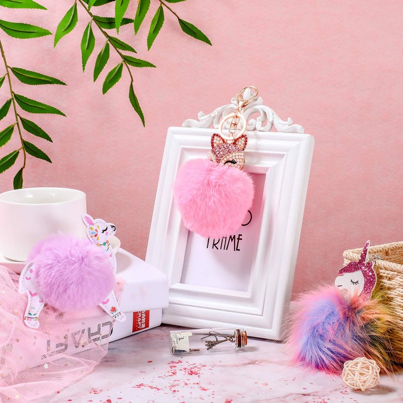 WILLBOND WILLBOND 3 Pieces Cute Animal Unicorn Pom Pom Keychain Faux Fluffy Key Ring for Women Girls (Fox Alpaca Unicorn Style)  - Image 4