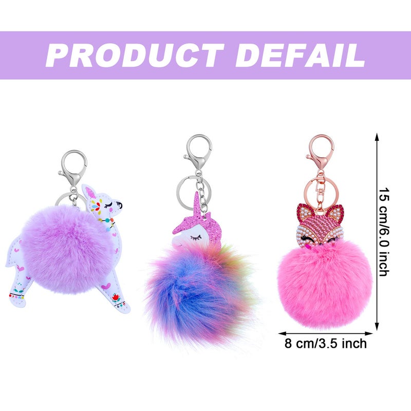 WILLBOND WILLBOND 3 Pieces Cute Animal Unicorn Pom Pom Keychain Faux Fluffy Key Ring for Women Girls (Fox Alpaca Unicorn Style)  - Image 3
