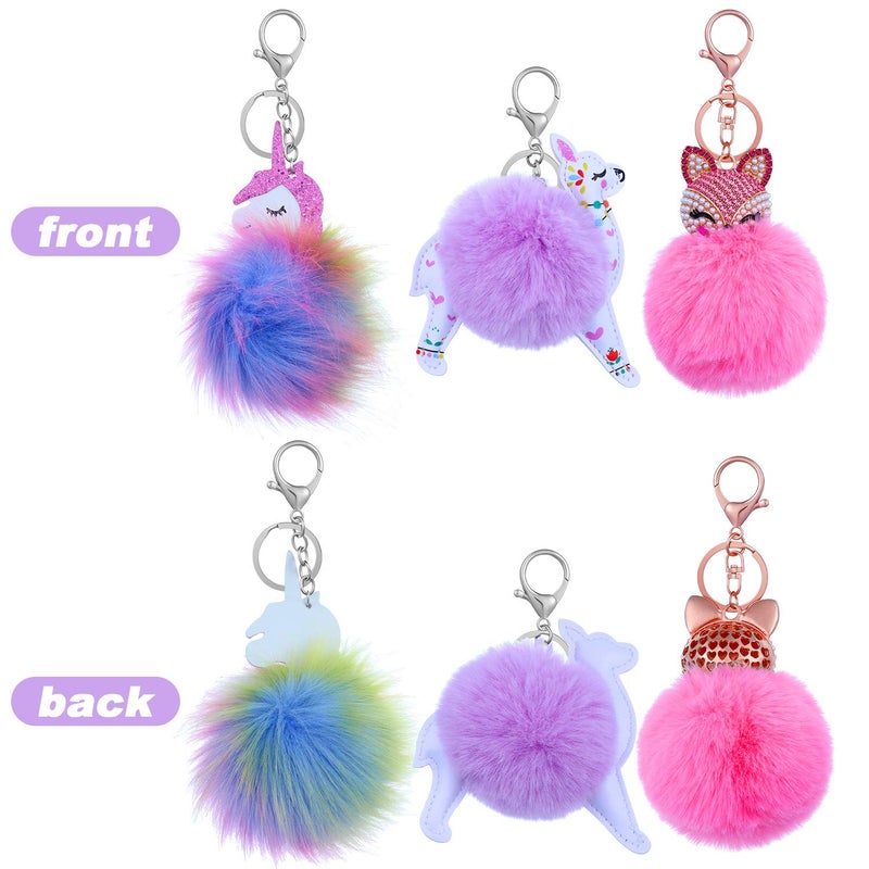 WILLBOND WILLBOND 3 Pieces Cute Animal Unicorn Pom Pom Keychain Faux Fluffy Key Ring for Women Girls (Fox Alpaca Unicorn Style)  - Image 2