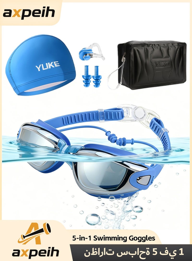 Axpeih 5-in-1 Anti-Fog Pro Swim Goggles Set for Adults with Silicone Swim Cap, Anti-Fog UV Protection, Clear Vision, 180° Panoramic, Durable PC Material - Waterproof Swimming Accessories Kit with Inflation Bag, Nose Clip, & Earplugs (Blue) - Image 2