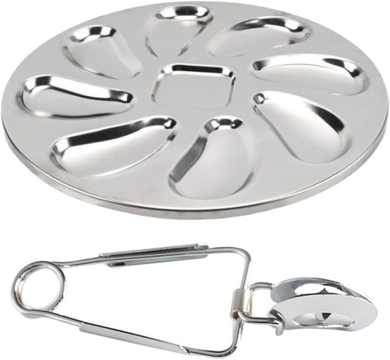 Uonlytech Stainless Steel Oyster Plate with Snail Clip, 2pcs Seafood Serving Set, Restaurant Tableware for Oysters and Shellfish Presentation - Image 1