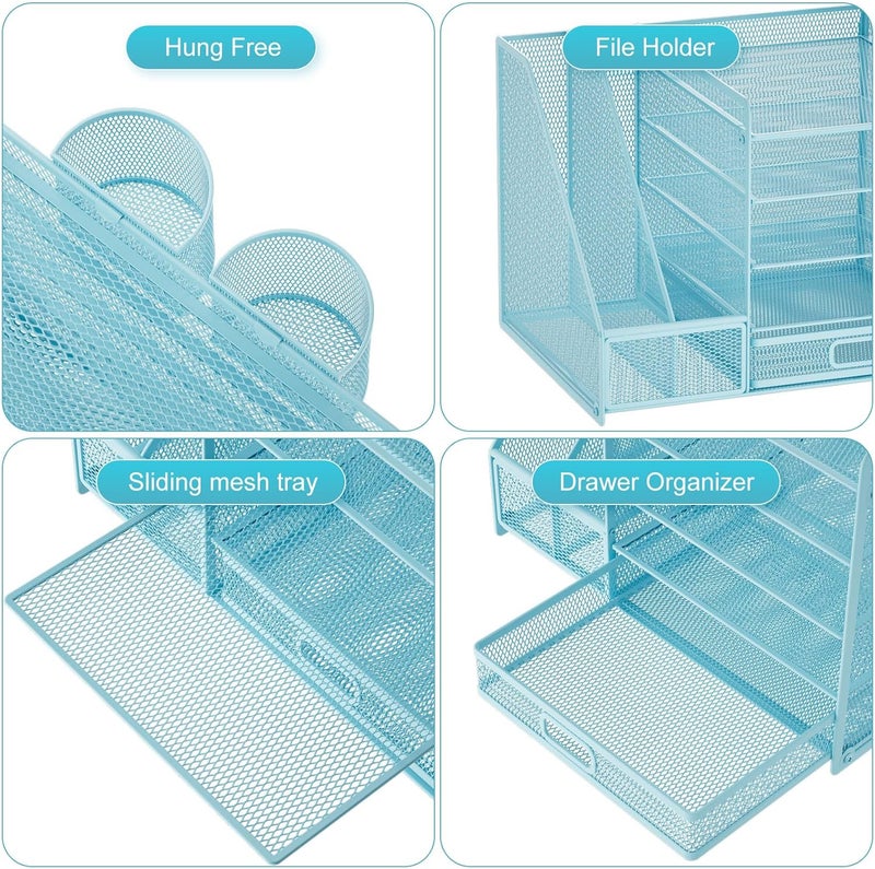 Marbrasse Desk Organizer With File Holder, 5-Tier Paper Letter Tray With Drawer and 2 Pen Holders, Mesh Desktop Storage With Magazine Holder for Office Supplies (Blue) - Image 4