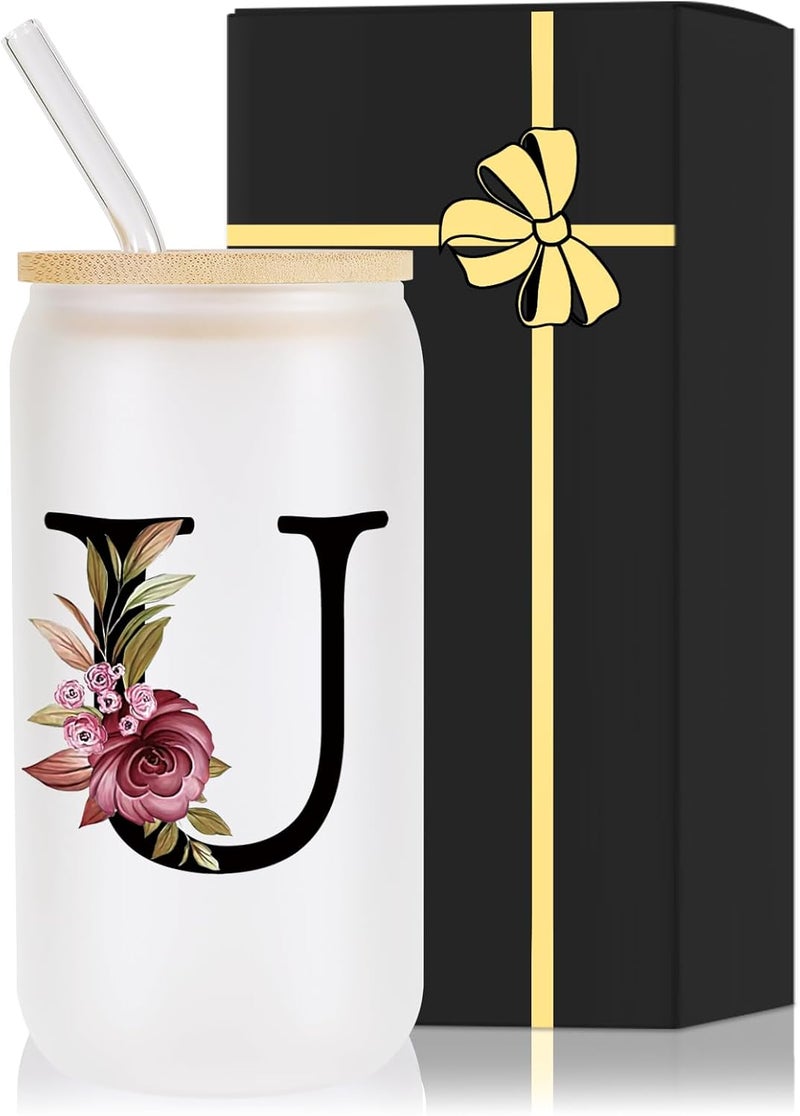 Wulcea Monogrammed Glass Drinking Cup With Lid Straw Gift Auntie Titi Son Girlfriend Brother Work Police Wife Bachelorette College Students Cowgirl Soul Best Sister Ever Work Young Adult Tomboy Lesbian,U - Image 1