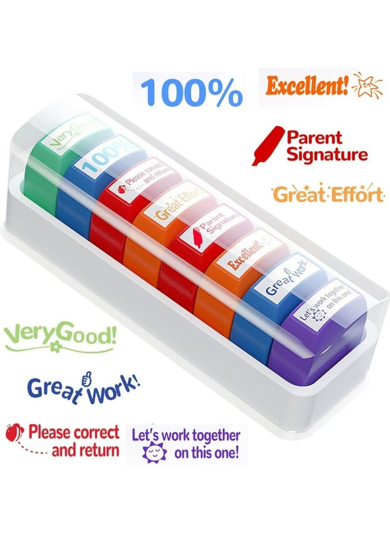CMGTYYD Rectangular Teacher Stamps for Grading Classroom, Parent Signature Teacher Self-Inking Set Stamps for Homework Teacher Supplies with 8 pcs  - Image 1