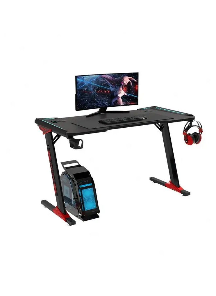 Organized Home Gaming Table with Carbon Fiber Computer Desk with LED Lights RGB Lighting with Headphone Hook Cup Holder Gamer Workstation  - Image 1