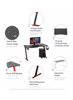 Organized Home Gaming Table with Carbon Fiber Computer Desk with LED Lights RGB Lighting with Headphone Hook Cup Holder Gamer Workstation  - Image 2