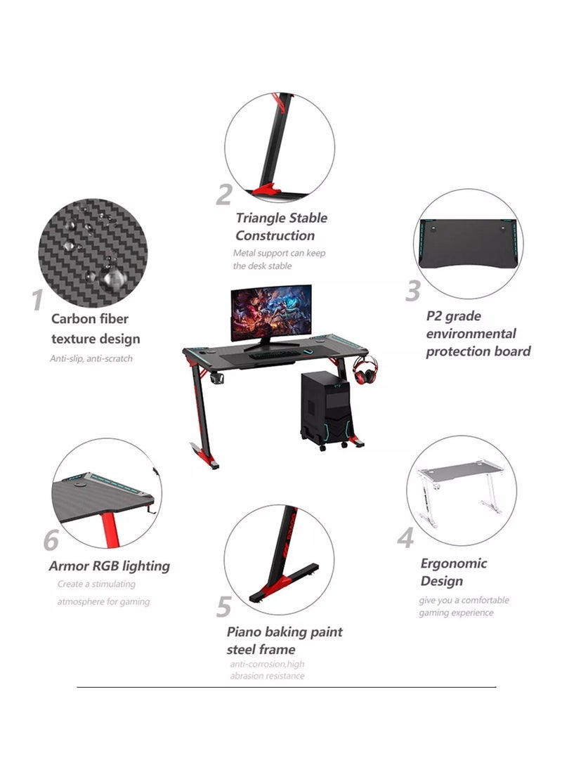 Organized Home Gaming Table with Carbon Fiber Computer Desk with LED Lights RGB Lighting with Headphone Hook Cup Holder Gamer Workstation  - Image 2