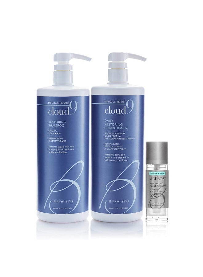 Brocato Cloud 9 Shampoo & Conditioner Liter, 32oz & Actives Enhancing Serum | Shine Booster & Conditioning Hair Agent | Replenishing Oils, Repair & Smooth Hair | Perfect For Straight or Curly Texture  - Image 1