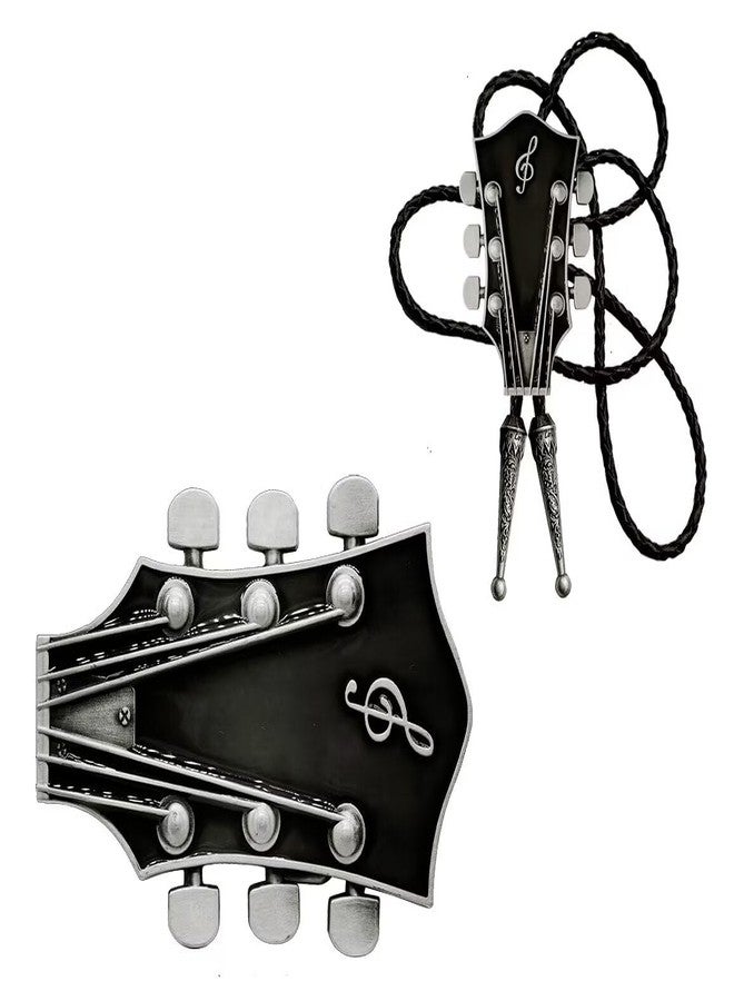 Moranse Black Western Cowboy Belt Buckle & Bolo Tie With Music Lover Guitarist Design 2 Pieces - Image 1