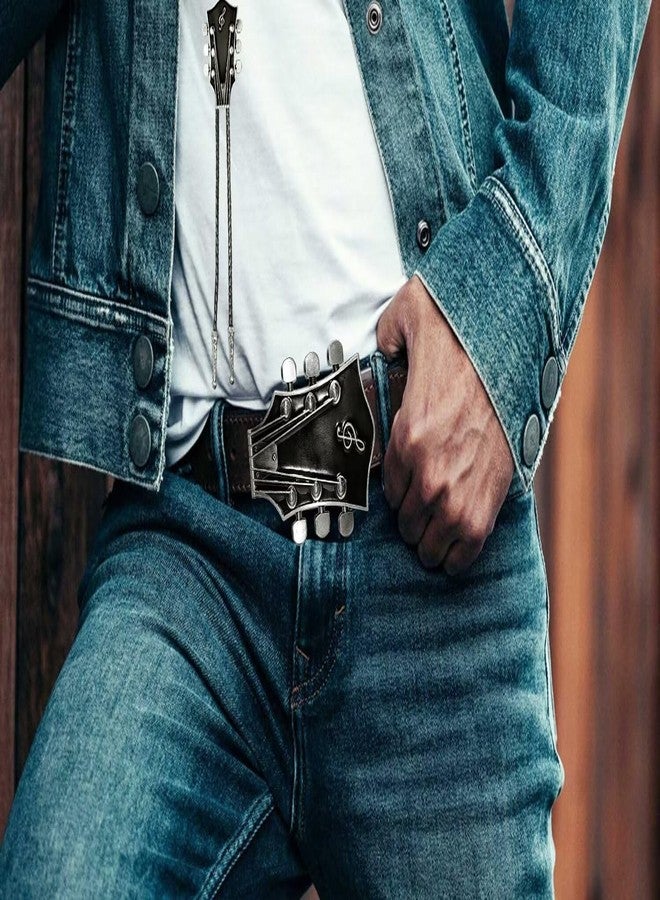 Moranse Black Western Cowboy Belt Buckle & Bolo Tie With Music Lover Guitarist Design 2 Pieces - Image 2