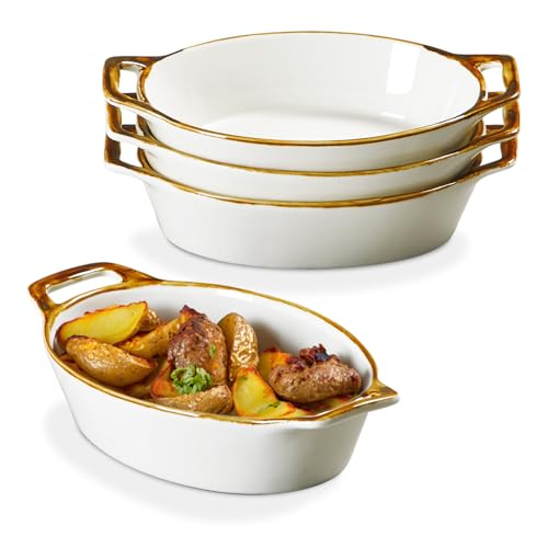 Onemore Au Gratin Baking Dish, Ceramic Oval Baking Dishes with Handles, 20 oz Small Casserole Dishes for Oven, 6x8 Individual Baking Dishes for Oven, Single Serving Dishes for 1-2 People, Set of 4, Brown Rim - Image 1