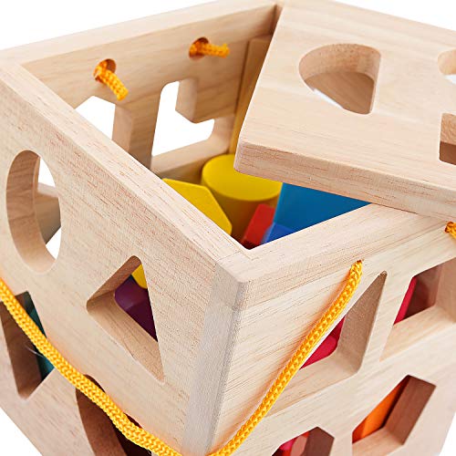 QZMTOY Shape Sorter Toys with 19 Shape Blocks, Classic Wooden Toys for Toddlers Kids, Gift for Girls Boys 2-4 (Natural Solid Wood) - Image 4