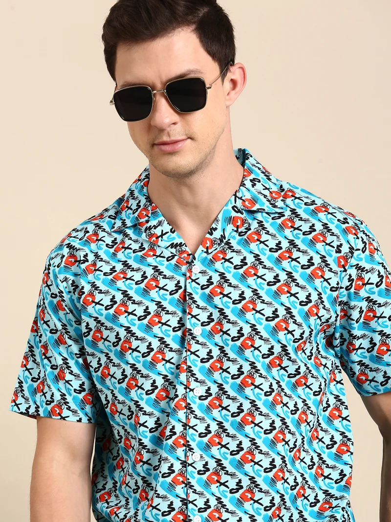 جوفن قميص رجالي كاجوال بياقة مخيم وطبعة سماوية