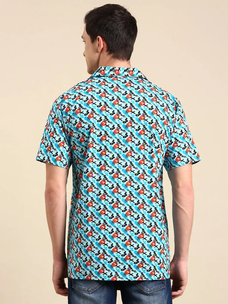 جوفن قميص رجالي كاجوال بياقة مخيم وطبعة سماوية