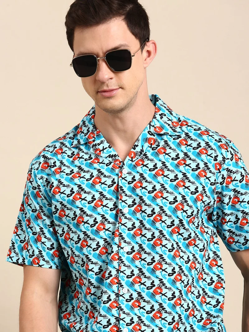 جوفن قميص رجالي كاجوال بياقة مخيم وطبعة سماوية