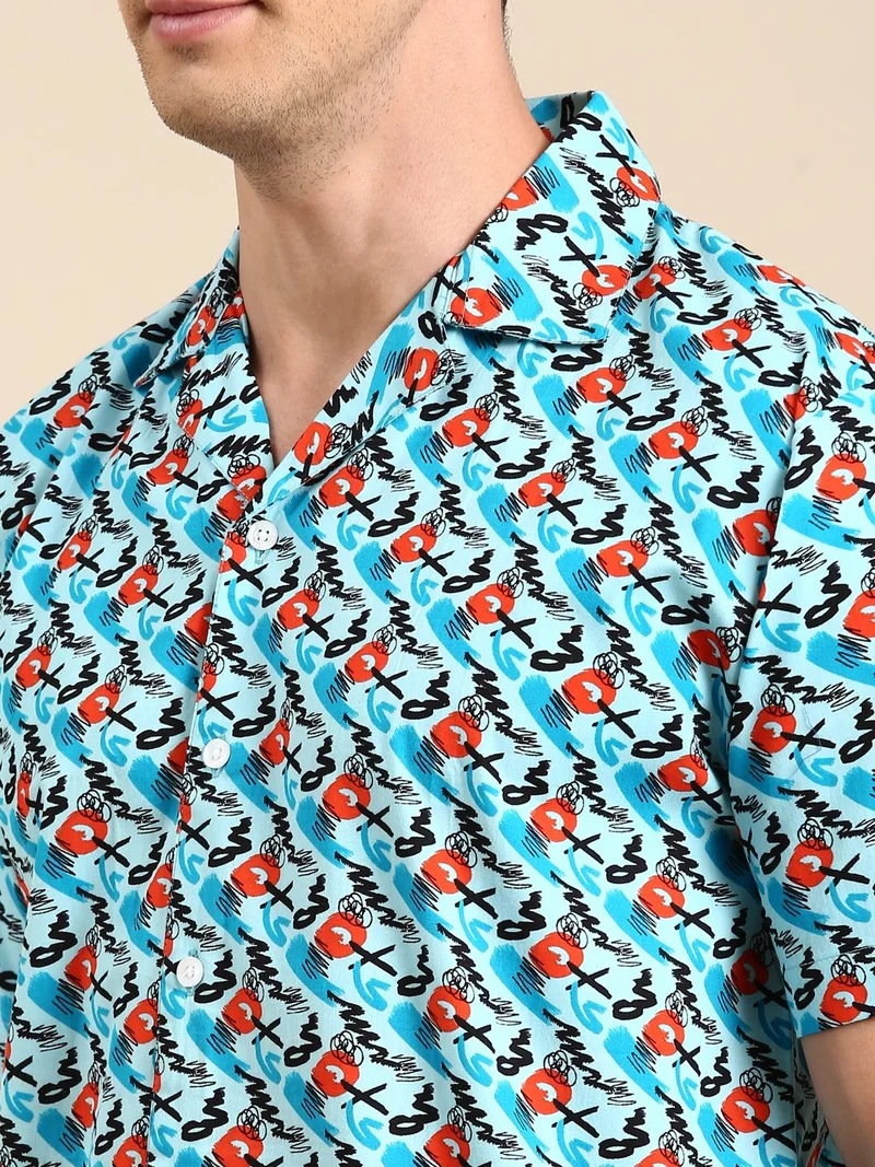 Joven  Sky Blue Printed Camp Collar Casual Shirt for Men for Men | Best Price UAE