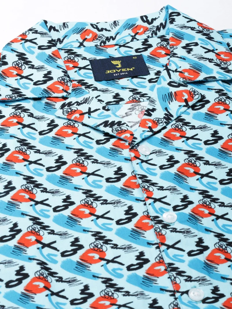 Joven  Sky Blue Printed Camp Collar Casual Shirt for Men for Men | Best Price UAE