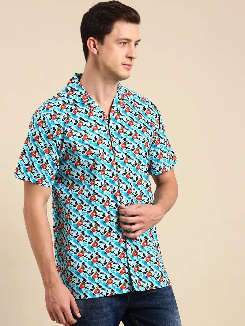 Joven  Sky Blue Printed Camp Collar Casual Shirt for Men for Men | Best Price UAE