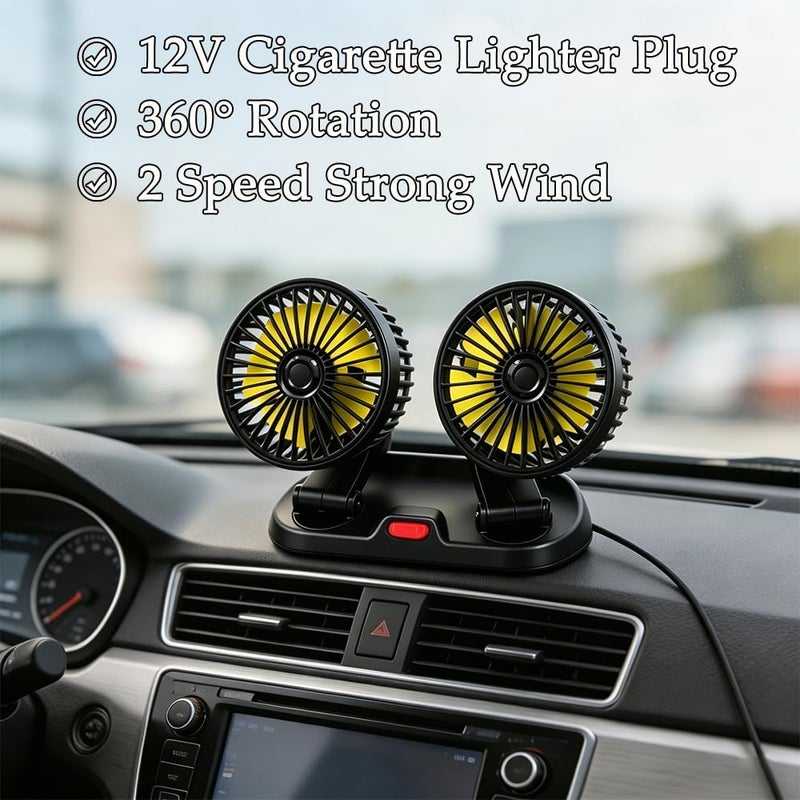 Fidensis 12V Dual Head Car Cooling Fan, 3 Speed Adjustable, 360° Rotatable, Cigarette Lighter Plug, Quiet Automotive Fan for Car, SUV, RV, Truck & Vehicle - Image 2