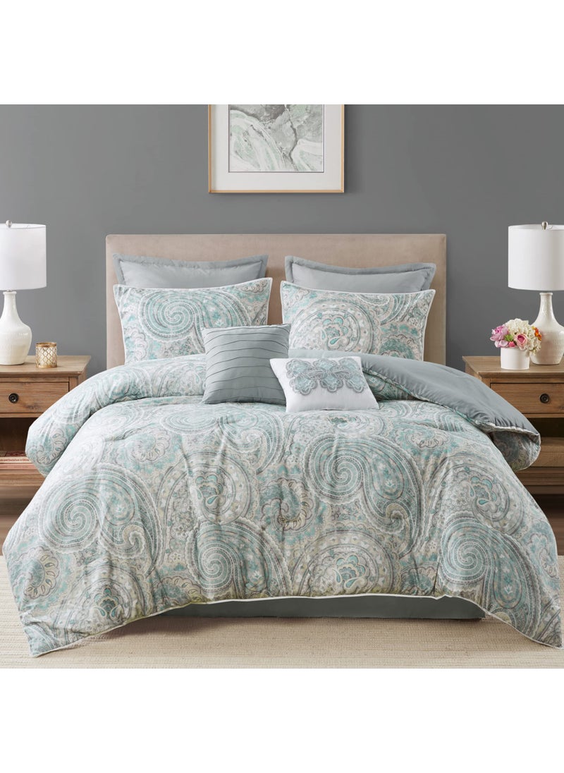 Comfort Spaces Comfort Spaces Cozy Comforter SetModern Classic Design All Season Down Alternative Bedding Matching Shams Bedskirt Decorative Pillows King Kashmir Paisley Blue 8 Piece 