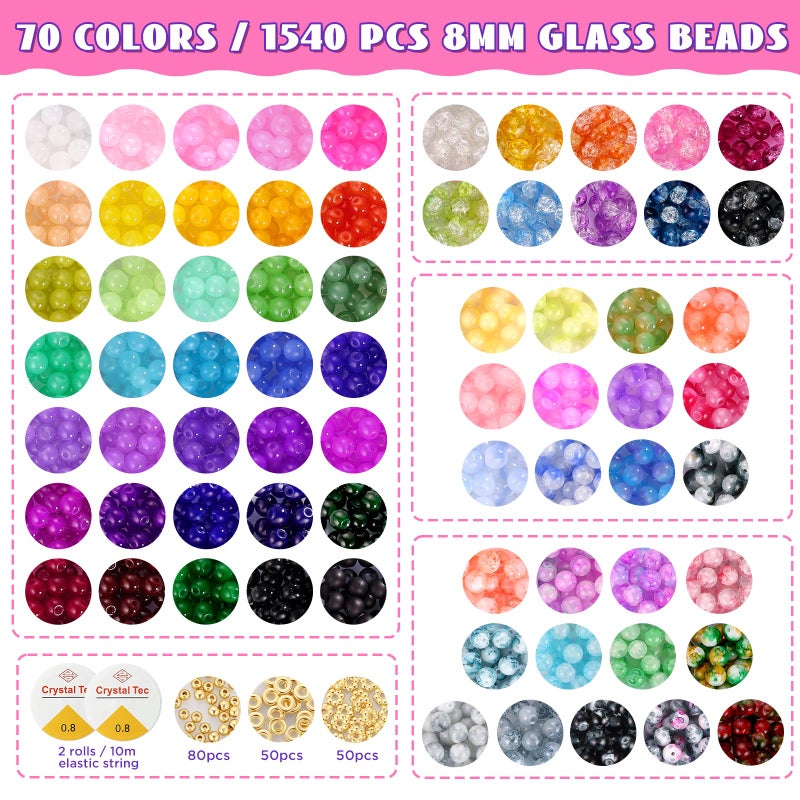 Funtopia 8mm Glass Beads Bracelet Making Kit, 1540pcs 70 Colors Crystal Beads for Jewelry Making, Funtopia Round Glass Beads for Bracelets and DIY Crafts, Solid and Crackle Colors - Image 2