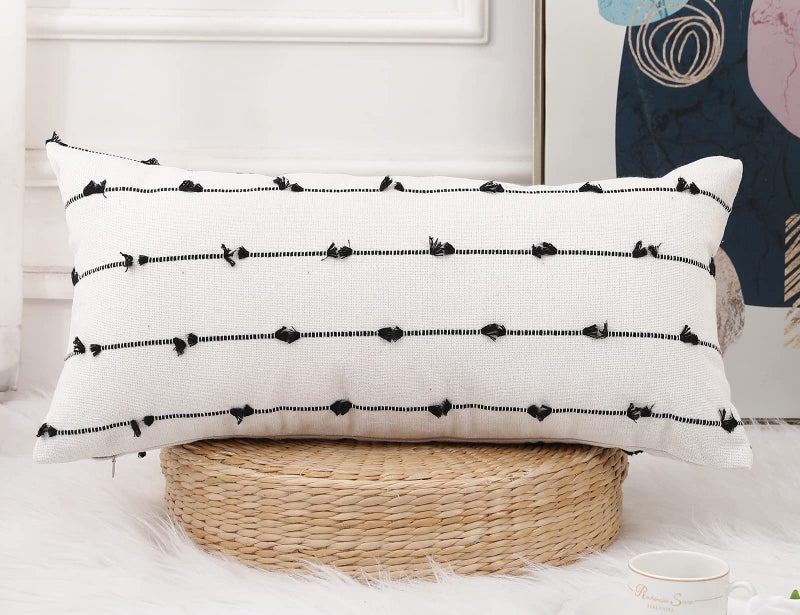 Nuyecy Boho Long Lumbar Covering 14 × 24 أسود نمط الشريط الكلاسيكي النمط القطن الزخرفية وسادة القطن الطويلة وسادة COSTELAN - Image 1