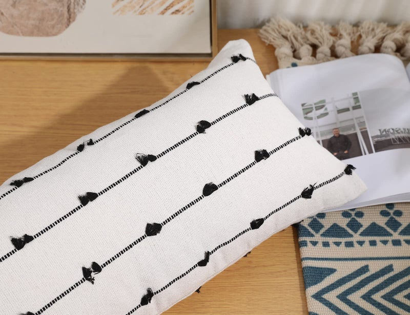 Nuyecy Boho Long Lumbar Covering 14 × 24 أسود نمط الشريط الكلاسيكي النمط القطن الزخرفية وسادة القطن الطويلة وسادة COSTELAN - Image 3