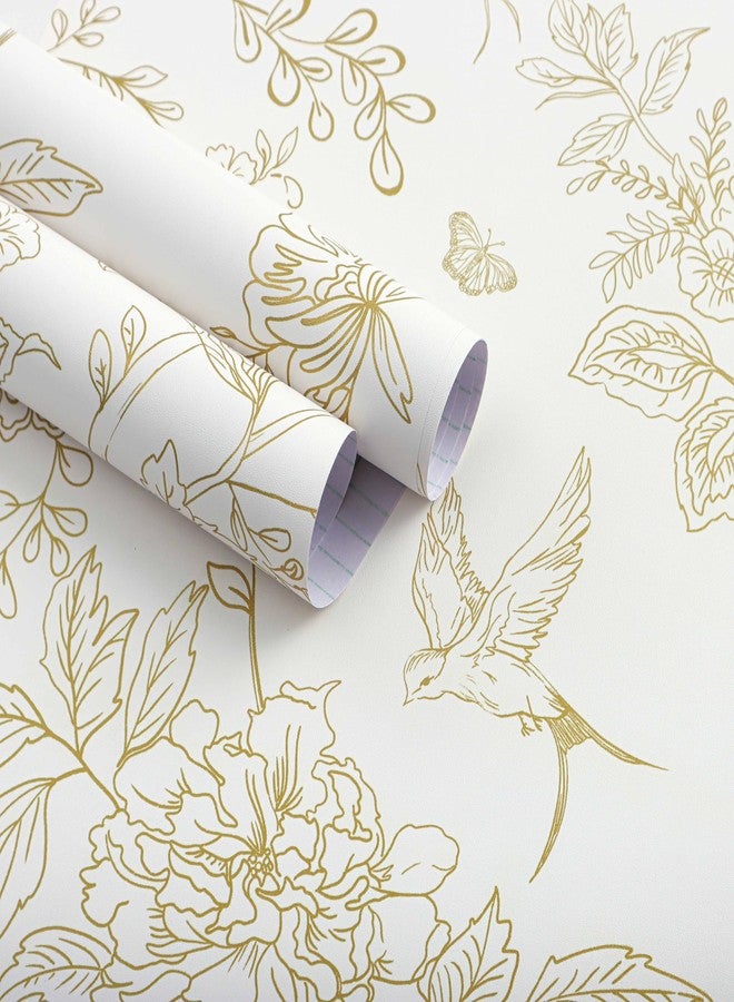 Froluya Cream White and Gold Floral Wallpaper Peel and Stick Wallpaper 17.7"x118.1" Vintage Floral Removable Self Adhesive Wall Paper for Bedroom Boho Contact Paper Peel and Stick Decorative Cabinets - Image 1