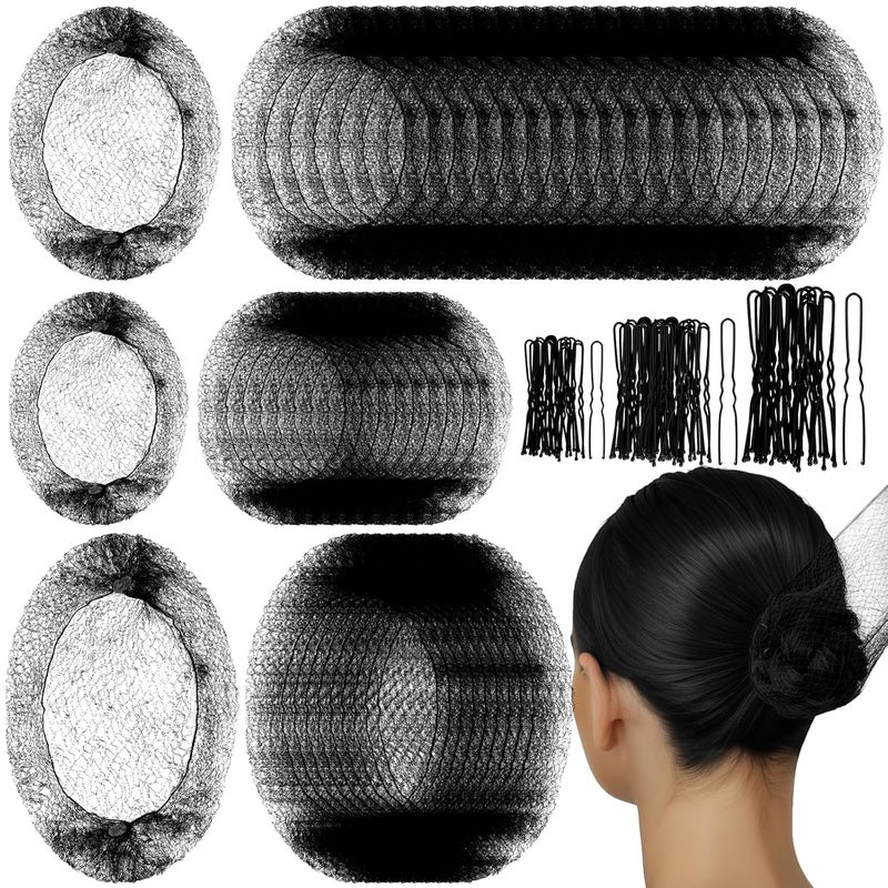 Teenitor Invisible Elastic Hair Nets with Bobby Pins for Ballerina Buns - 40 Black Nets (12, 20, 28 Inch) and 80 Pins