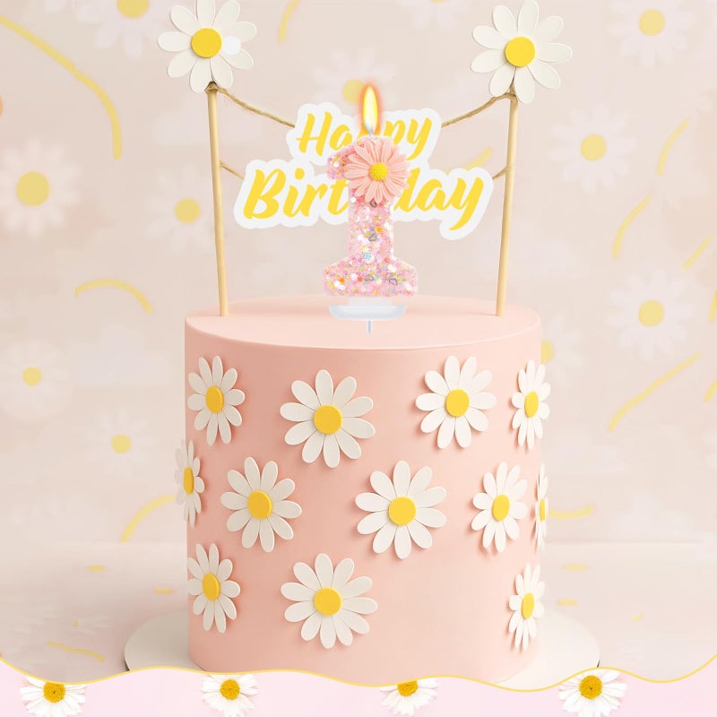 ElekFX Pink Daisy Flower Number 1 Candle with Tray - Fairy First Birthday Decorations for Girls, 2.76 Inch Glitter Cake Topper for Princess & Garden Parties - Image 4