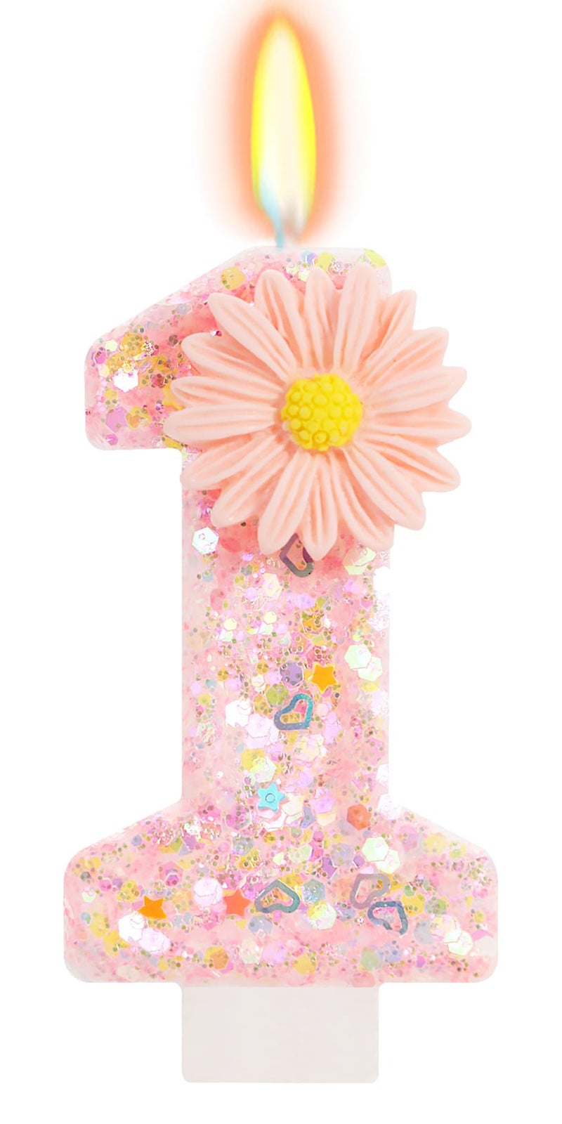 ElekFX Pink Daisy Flower Number 1 Candle with Tray - Fairy First Birthday Decorations for Girls, 2.76 Inch Glitter Cake Topper for Princess & Garden Parties - Image 1