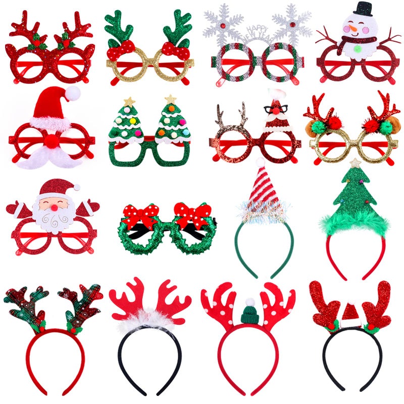 Atonofun Christmas Party Favors 16 Pcs Glittered Headbands and Glasses Frames Set With Assorted Design for Party Supplies Gifts for Adults Kids - Image 3