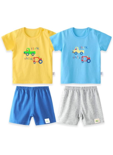 2 Set Baby Boy Truck Design Cotton Pajama Set For Kids Tshirt & Shorts Set Yellow & Blue (24-36months)