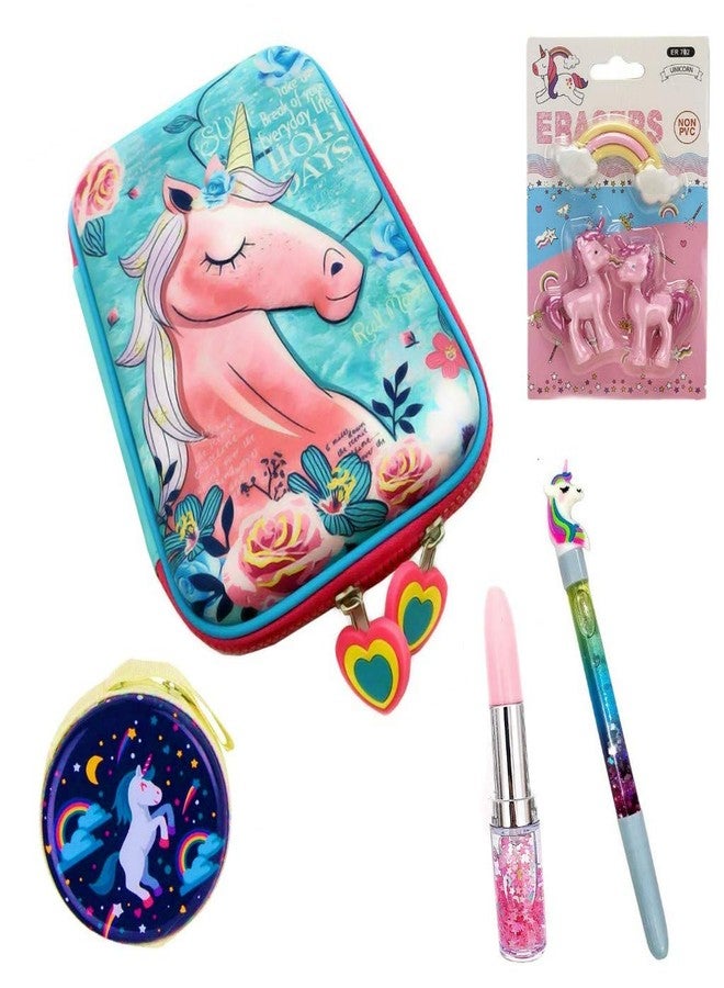 JOUET Unicorn Stationery Set - Pencil Case, Glitter Pen, Eraser, Lipstick Pen, Metal Tin Case Pouch, Multi Colour Unicorn Blue- (Pack of 5- Multicolor) - Image 1