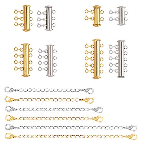 ZCMG 4 Sizes Slide Clasp Lock Necklace Connectors Multi Strands Slide Tube Spacer Clasps Necklace Bracelet Chain Extenders for DIY Layered Anklets Necklace Jewelry Making Crafts 14 Pcs Golden Silver Tone - Image 1