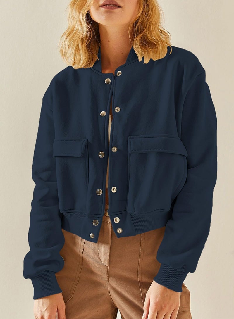 EVALESS Women's Fall Varsity Bomber Jackets Long Sleeve Cropped Button Down Casual Coat with Pockets Outwear Navy Blue Medium - Image 4