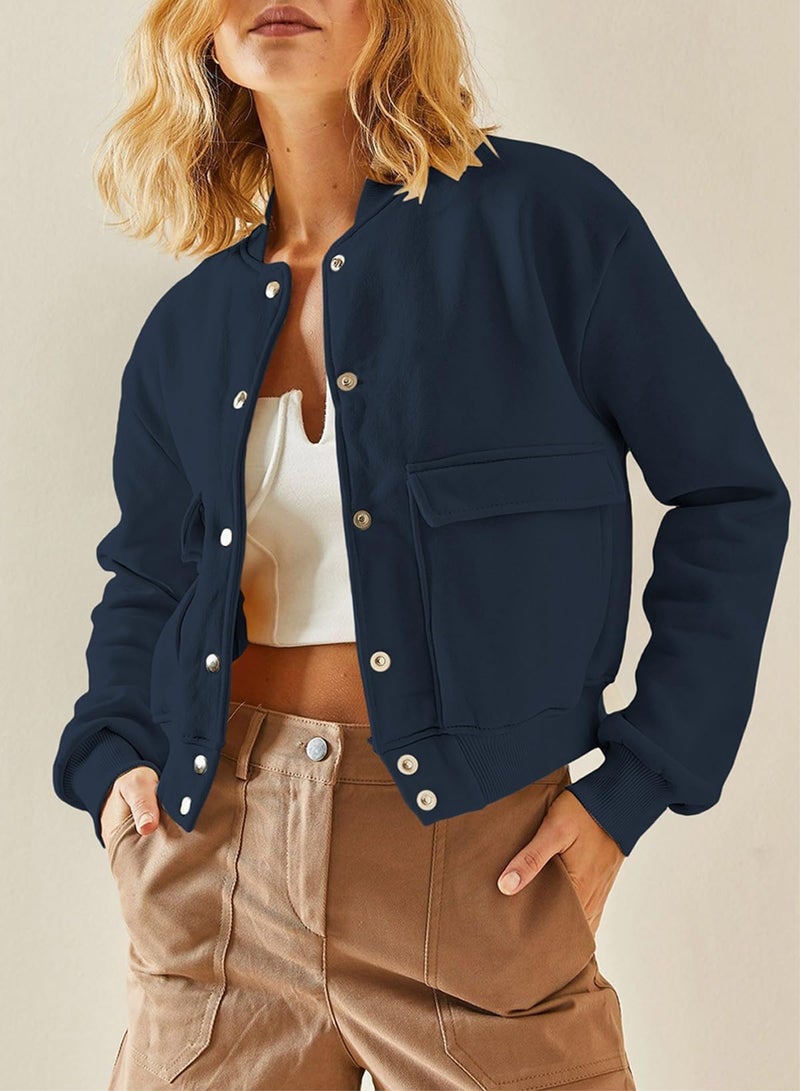 EVALESS Women's Fall Varsity Bomber Jackets Long Sleeve Cropped Button Down Casual Coat with Pockets Outwear Navy Blue Medium - Image 2