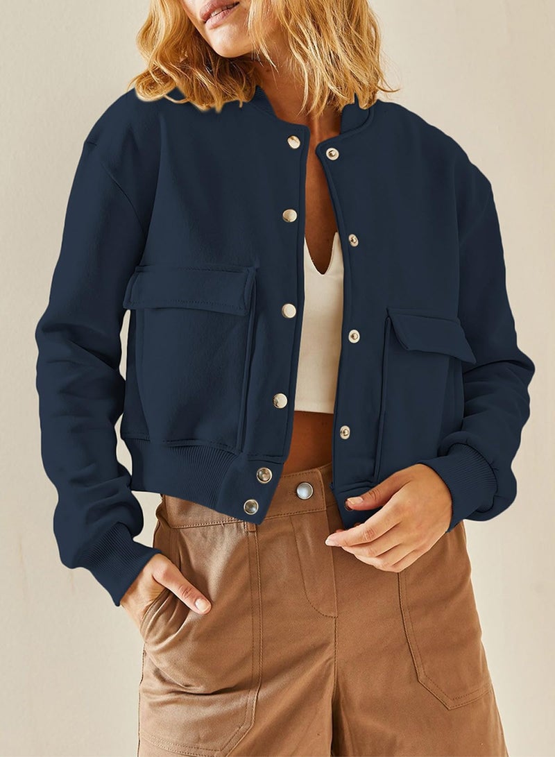 EVALESS Women's Fall Varsity Bomber Jackets Long Sleeve Cropped Button Down Casual Coat with Pockets Outwear Navy Blue Medium - Image 5