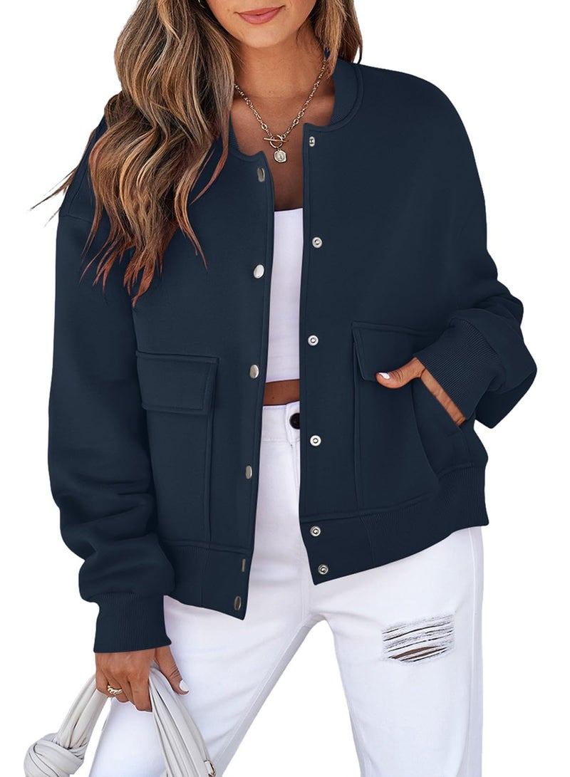 EVALESS Women's Fall Varsity Bomber Jackets Long Sleeve Cropped Button Down Casual Coat with Pockets Outwear Navy Blue Medium - Image 1