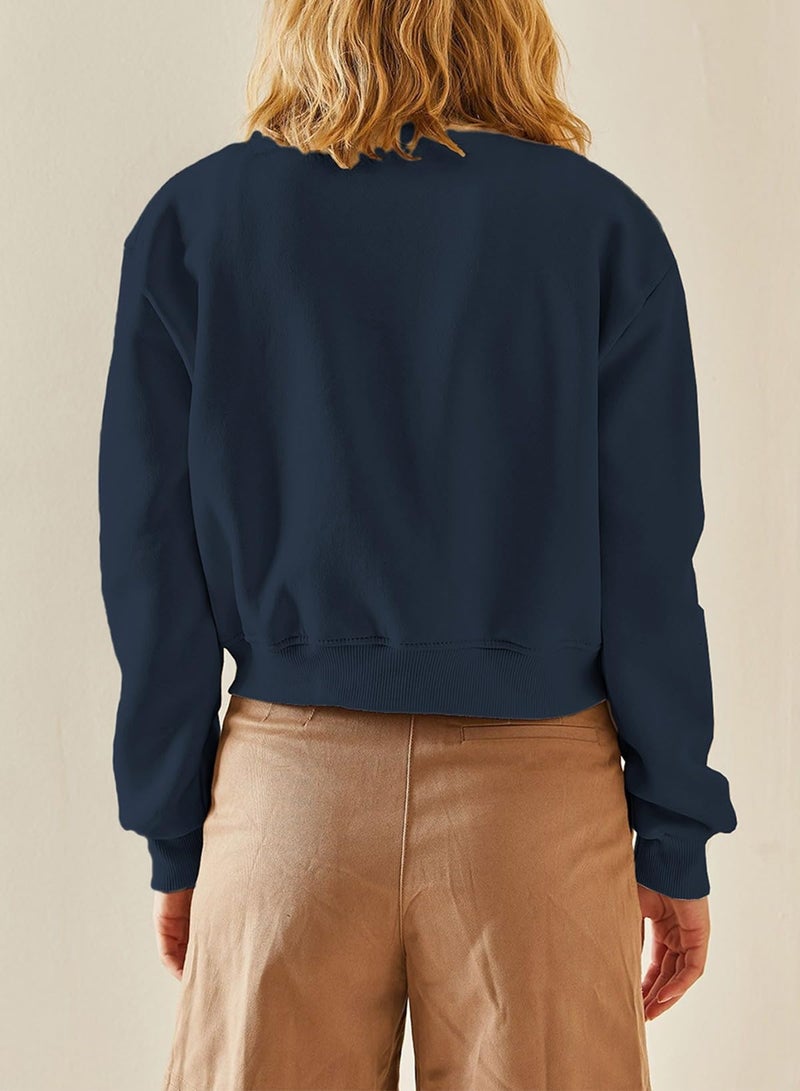 EVALESS Women's Fall Varsity Bomber Jackets Long Sleeve Cropped Button Down Casual Coat with Pockets Outwear Navy Blue Medium - Image 3