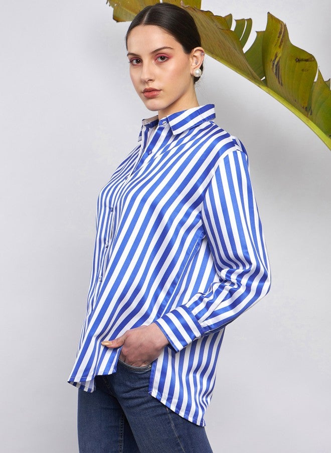 SASSAFRAS Blue & White Vertical Striped Oversized Satin Casual Shirt - Image 3