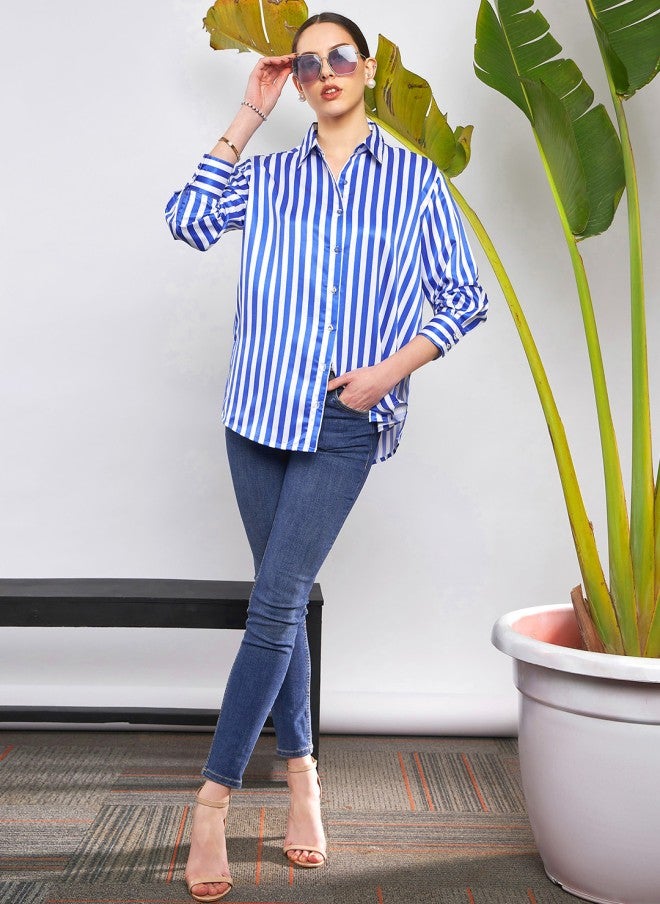 SASSAFRAS Blue & White Vertical Striped Oversized Satin Casual Shirt - Image 2