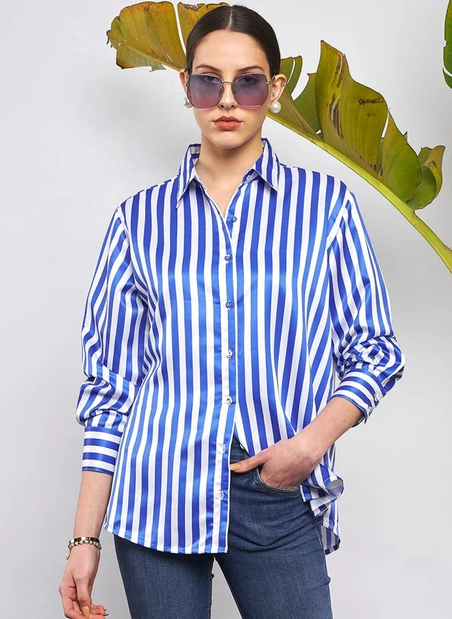 SASSAFRAS Blue & White Vertical Striped Oversized Satin Casual Shirt