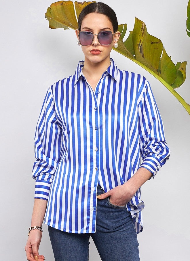 SASSAFRAS Blue & White Vertical Striped Oversized Satin Casual Shirt - Image 4