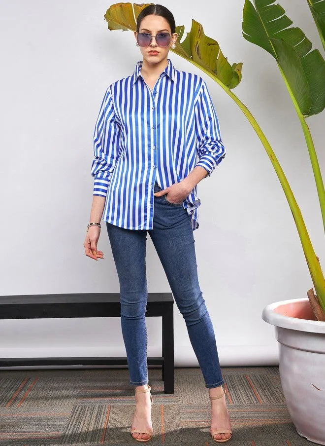 SASSAFRAS  Blue & White Vertical Striped Oversized Satin Casual Shirt for Women | Best Price UAE